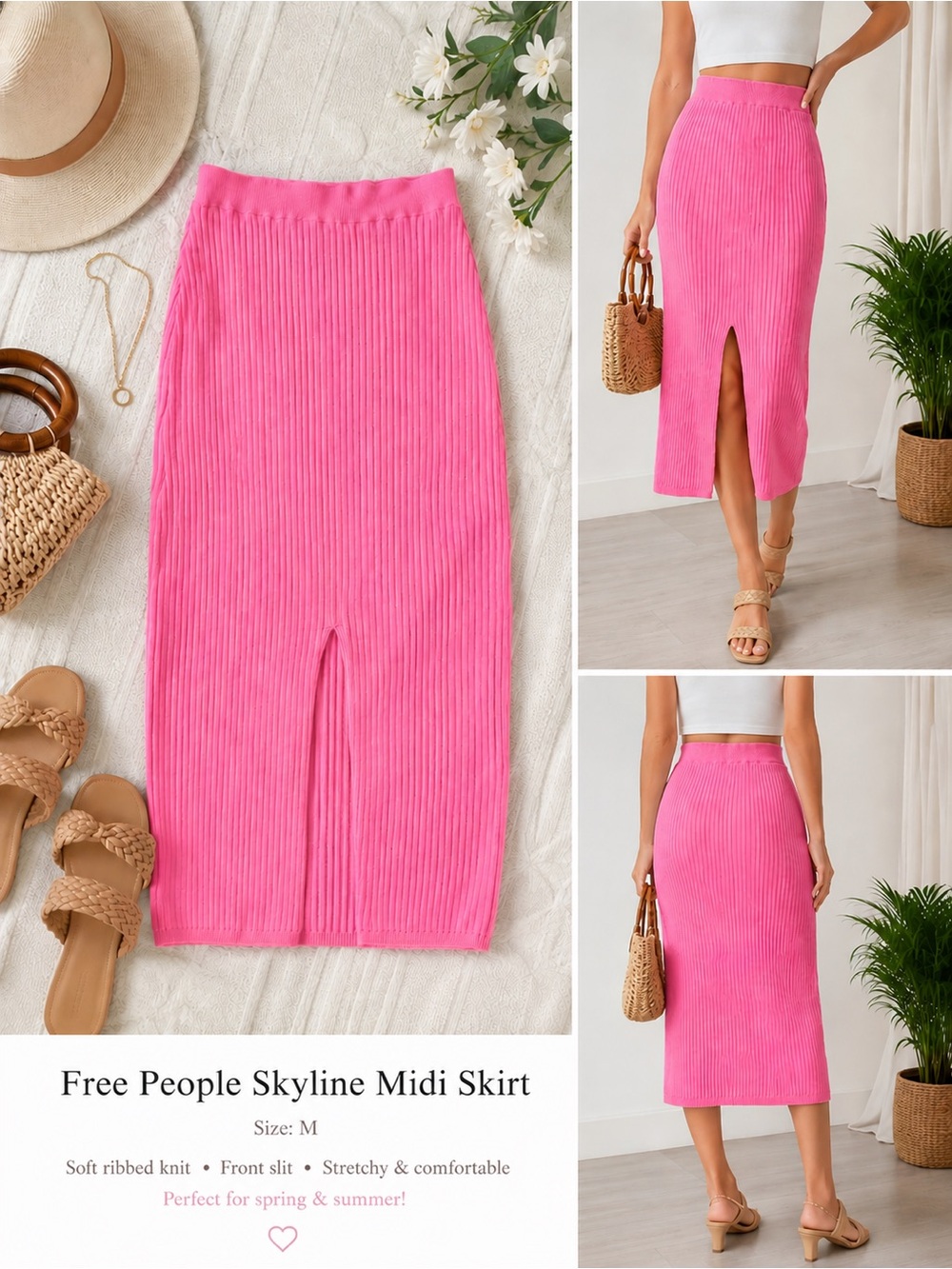 Free People Skyline Ribbed Midi Skirt in pink